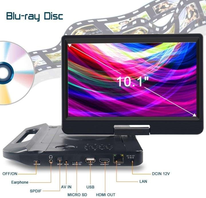 10.1 Inch Portable Blu-Ray DVD Player with Rechargeable Battery, Support USB/SD Card, HDMI Out & AV in, Snyc Screen, 1080P Video, Dolby Audio, Last Memory(Black) - Image 3