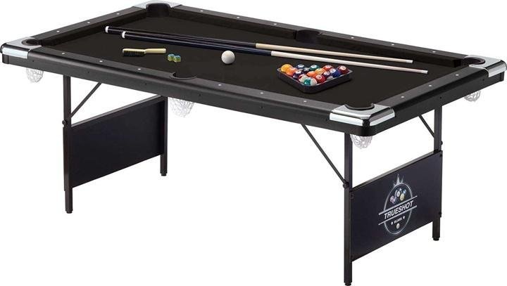 Fat Cat Trueshot 6＊ Pool Table with Folding Legs for Easy Storage, Included Pool Cues and Billiard Ball, and Deep Black Playing Cloth