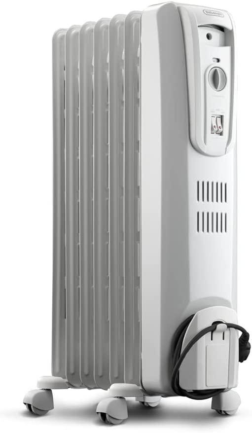 DeLonghi Oil-Filled Radiator Space Heater, Full Room Quiet 1500W, Adjustable Thermostat 3 Heat Settings, Energy Saving, Safety Features, Light Gray, TRH0715