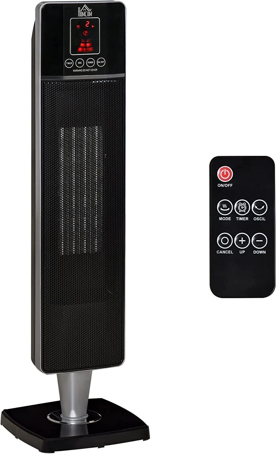 HOMCOM 2-In-1 Electric Space Heater, Oscillating Tower Heater for Indoor Use, with 3 Modes, 8H Timer, Remote, Tip-Over and Overheat Protection, 750W / 1500W, Black