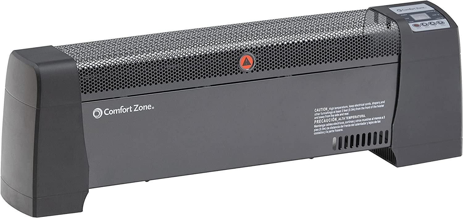 Comfort Zone CZ650B 750/1,500-Watt Electric Baseboard Space Heater with Digital Thermostat, Dent-Proof End Panels, Overheat Protection System, Safety Tip-Over Switch, & Stay-Cool Body, Black