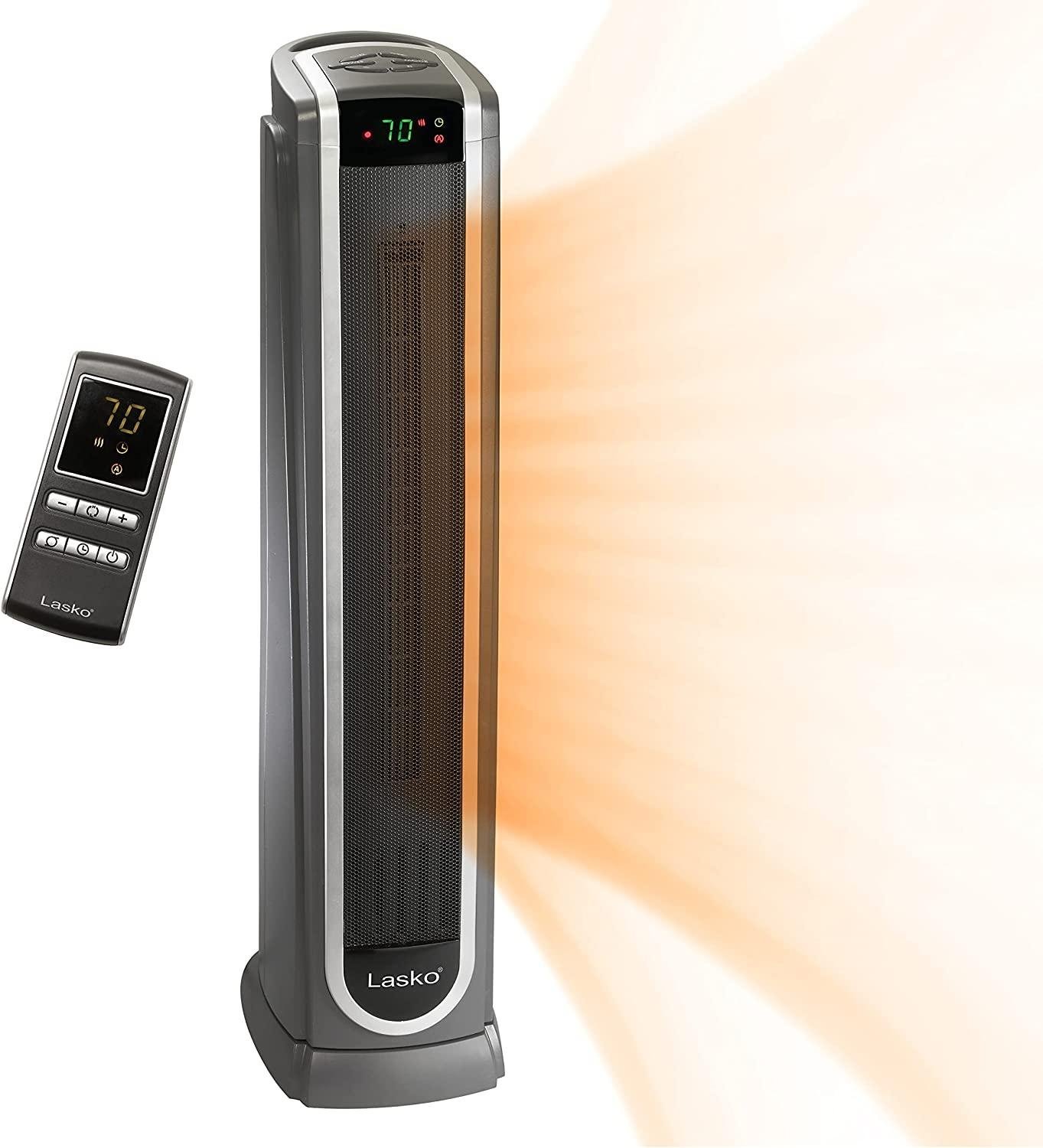 Lasko Ceramic Tower Space Heater with Logic Center Digital Remote Control-Features Built-in Timer and Oscillation, 7.3″L x 9.2″W x 29.75″H, Black 5572