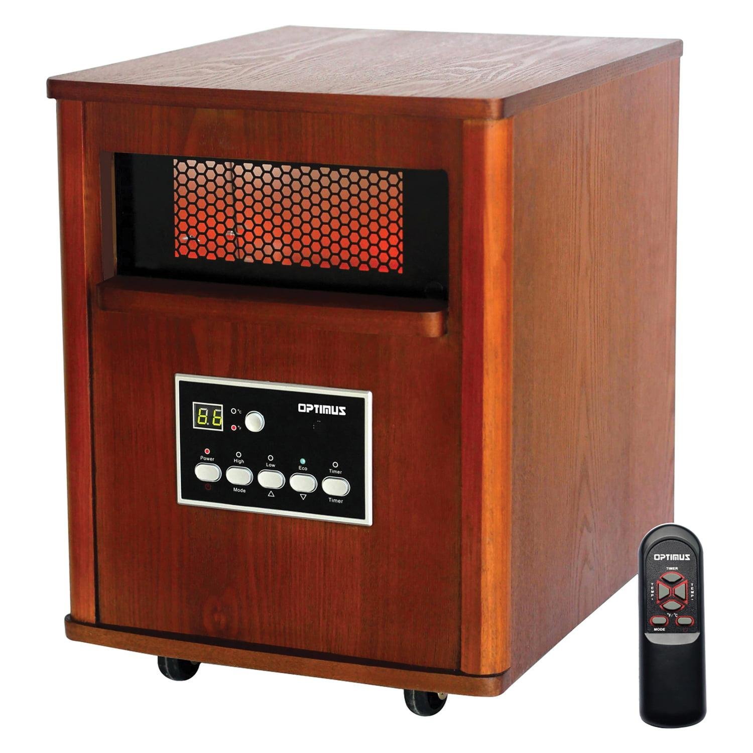 Optimus H-8121 3-Setting 1,500-Watt-Max Portable Wood-Cabinet Infrared Quartz Heater with Remote, LED Display, and Wheeled Base