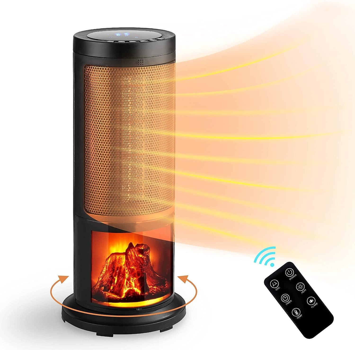 Saemoza 17'' Portable Electric Space Heater, Oscillating electric Heater with Remote Control and a realistic 3D flame effect, Adjustable Thermostat for Office, Bedroom, Living Room and 12H Timer 1500W - ETL, Black
