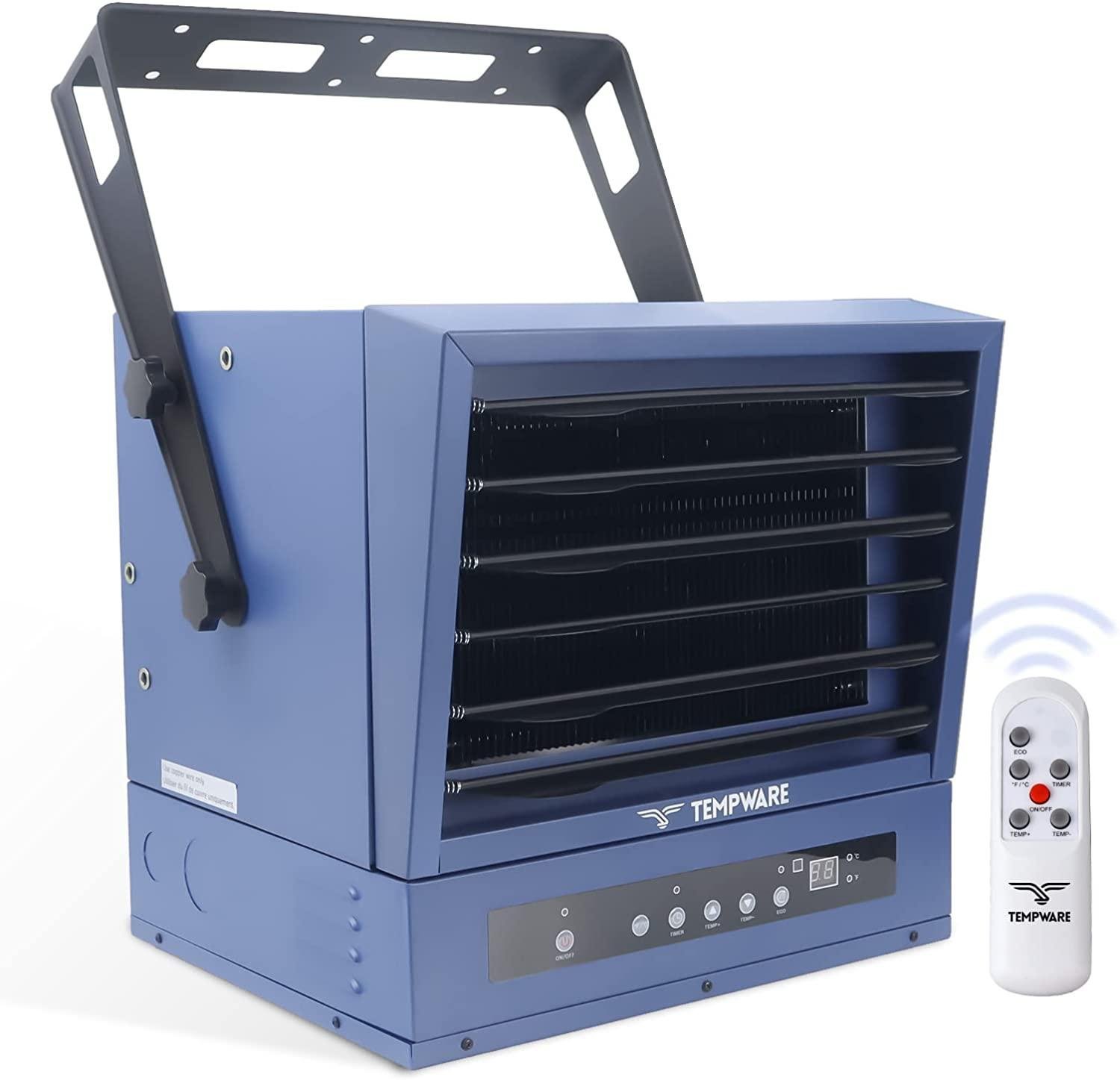 TEMPWARE Electric Garage Heater, 10,000-Watt Digital Fan-Forced Ceiling Mount Shop Heater with Full-Function Remote, 240-Volt Hardwired Heater with 12-Hour Timer, Ideal for Workshop Greenhouse