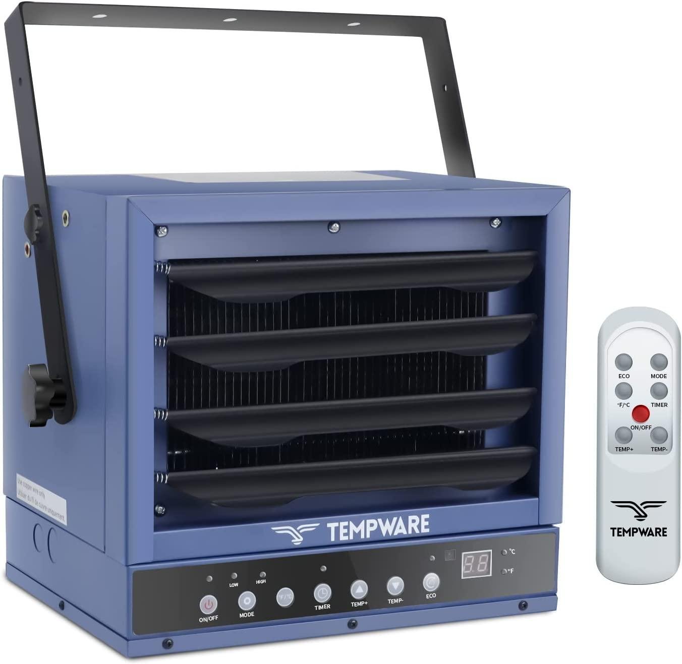 TEMPWARE Electric Garage Heater, 7500-Watt Digital Fan-Forced Ceiling Mount Shop Heater with Full-Function Remote, 240-Volt Hardwired Heater with 12-Hour Timer, Ideal for Workshop Greenhouse