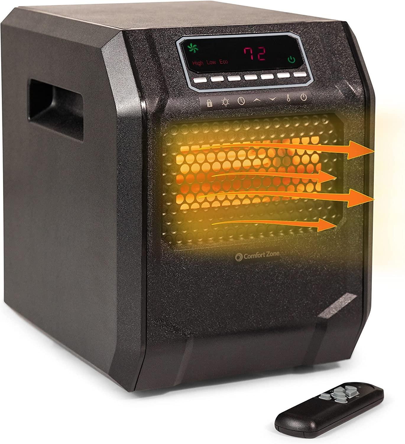 Comfort Zone CZ2018 750/1,500-Watt Digital Quartz Infrared Cabinet Space Heater with Remote Control, 12-Hour Timer, Digital Display, Overheat Protection, and Safety Tip-Over Switch, Black