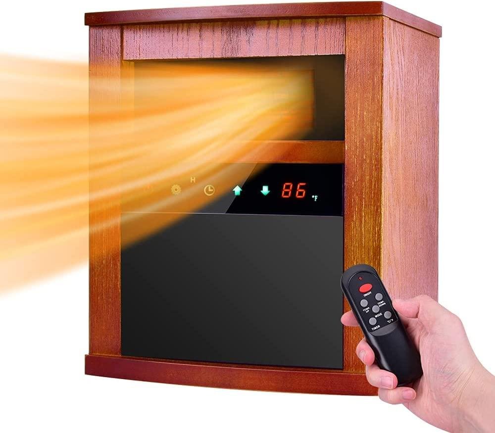 Electric Space Heater, 1500W Infrared Heater with 3 Heat Modes, Remote Control & Timer, Room Heater with Overheat & Tip-Over Shut Off Protection Device, Wood Cabinet Heater, Brown