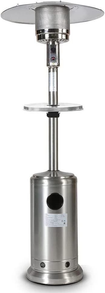 46000 BTU Stainless Steel Outdoor Propane Patio Mushroom Heater with Two Wheels, Floorstanding Portable Patio Yard Heater with Round Side Table, Stainless Steel, Commercial & Residential
