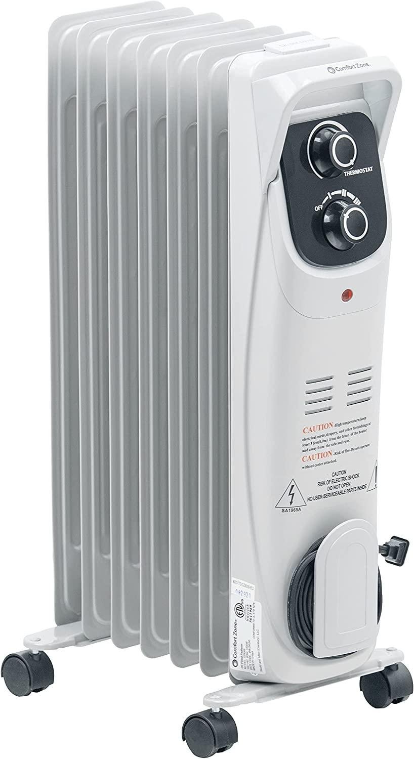 Comfort Zone CZ8008 1,500-Watt Electric Oil-Filled Radiant Radiator Heater, Permanently Sealed, Never Refill, Adjustable Thermostat, Stay-Cool Handle, Tip-Over Switch & Overheat Protection System