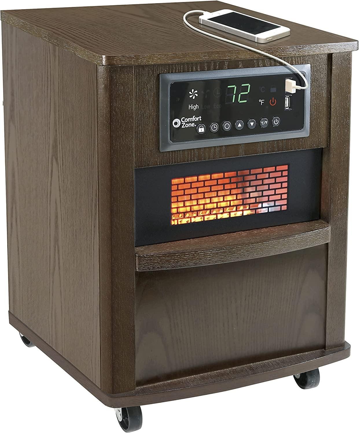 Comfort Zone CZ2062W 20" 1500-Watt Premium Infrared Quartz Heater w/Built-in USB Charging Ports & Remote Control, On/Off Timer, Safety Tip-Over Switch & Overheat Protection System, Walnut