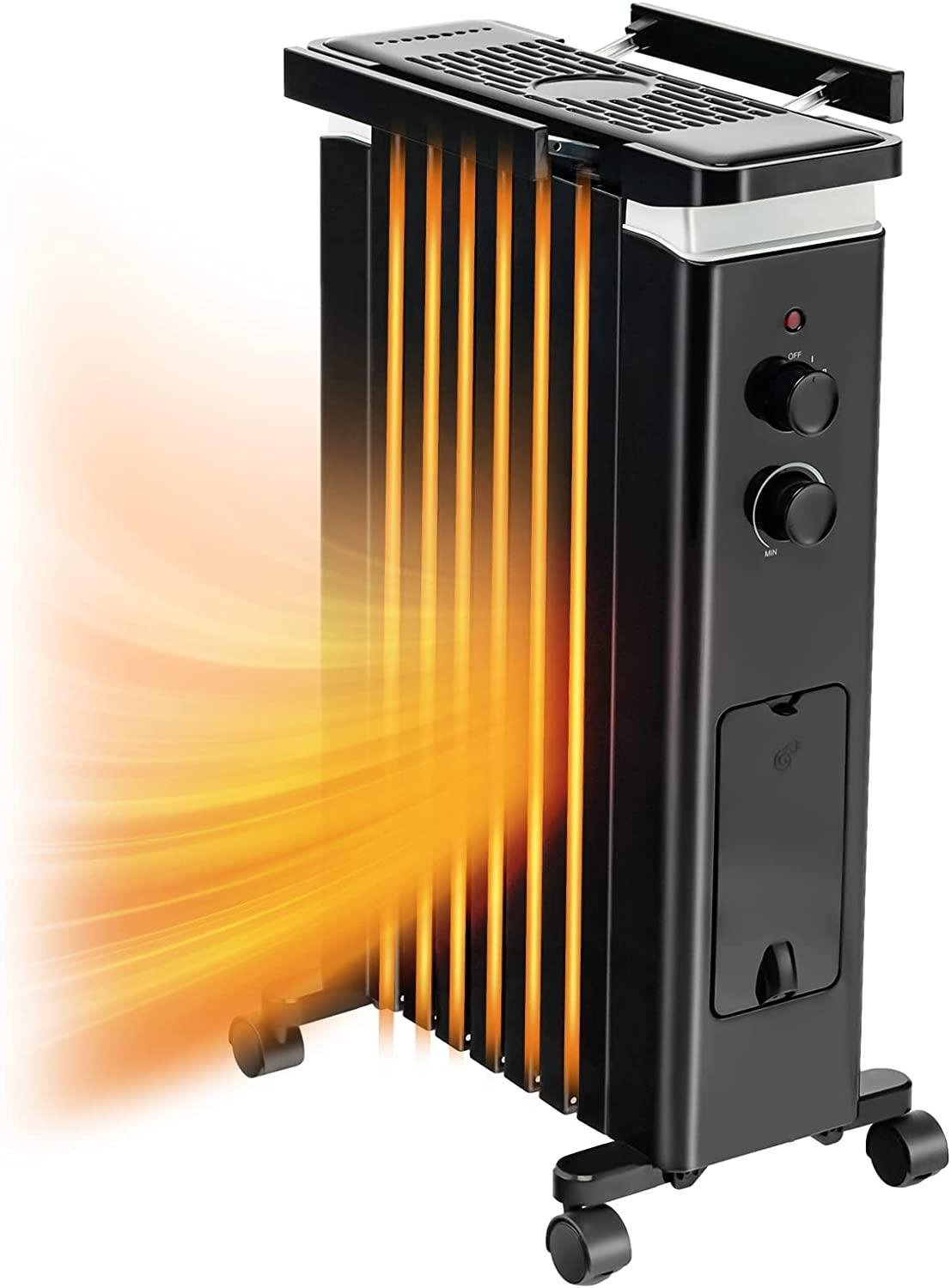 Tangkula 1500W Electric Space Heater, Oil Filled Radiator Heater with 3 Heat Settings & Adjustable Thermostat, Overheat & Tip-Over Protection, Radiant Heater with Hanging Rack for Indoor Use (Black)