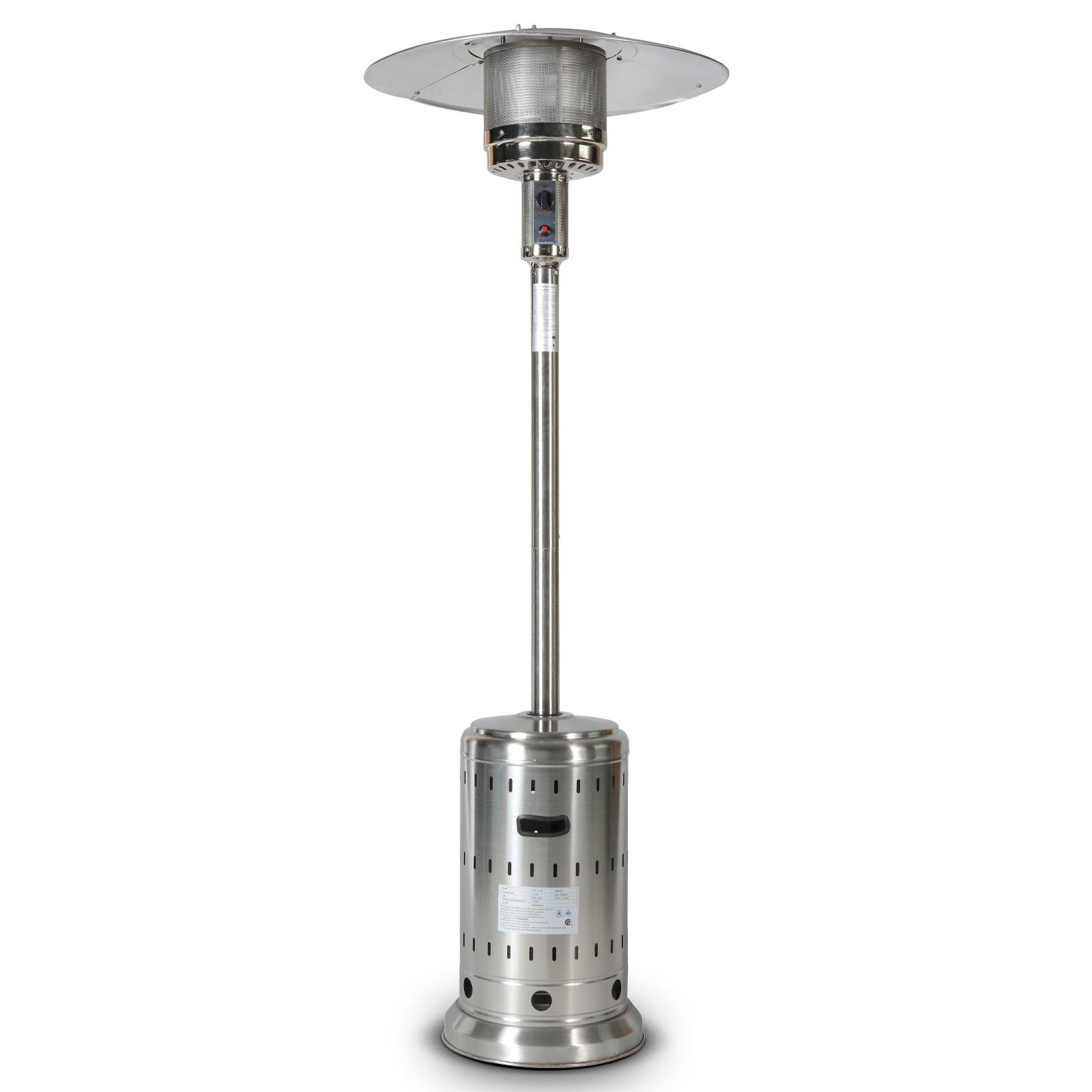 46000BTU Propane Stainless Steel Mushroom Outdoor Patio Heater with Hollow Pattern on Tank housing, with Two Smooth-rolling Wheels,with Hose Set,with black Cover,Pole in Two Pieces(Upper and Bottom)