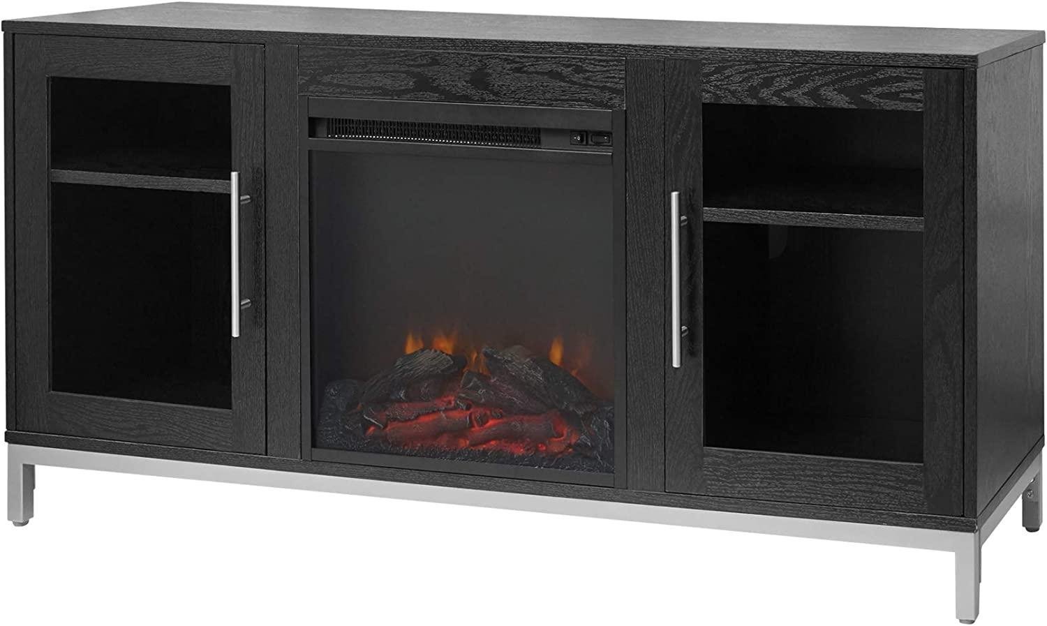 Teamson Home Lainey Metal Legs Electric Fireplace Wooden TV Stand Storage Cabient with Glass Doors and Adjustable Shelves for TVs up to 60 inch, 54 inch Width, Black, Dark Espresso, VNF-00100