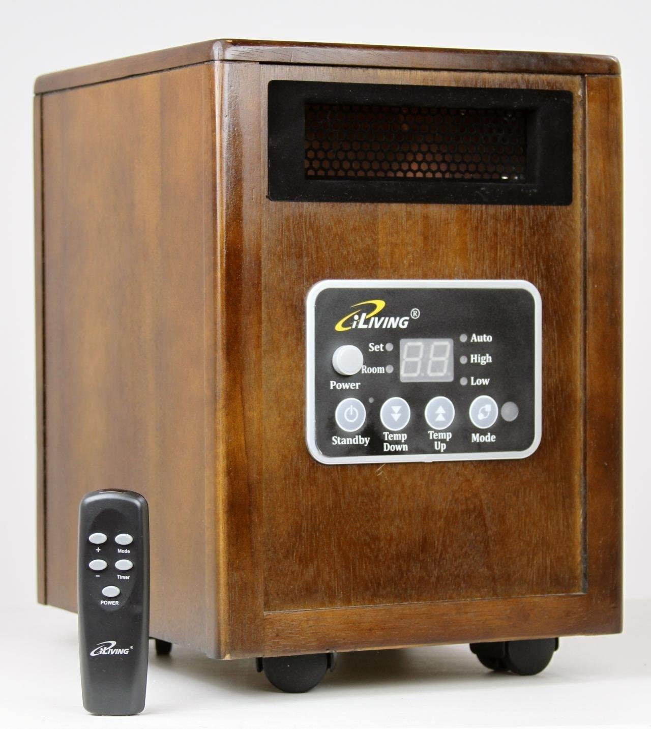 New iLIVING Infrared Portable Space Heater with Dual Heating System, 1500W, Dark Walnut Wooden Cabinet