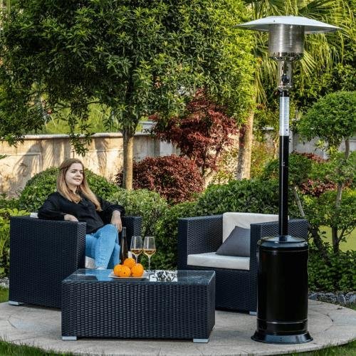 1Pc Outdoor Patio Propane Heater With Portable Wheels, 88 Inch Standing Gas Outside Heater Stainless Steel Burner Commercial & Residential Hammered Black For Party Restaurant Yard,Steel,Black