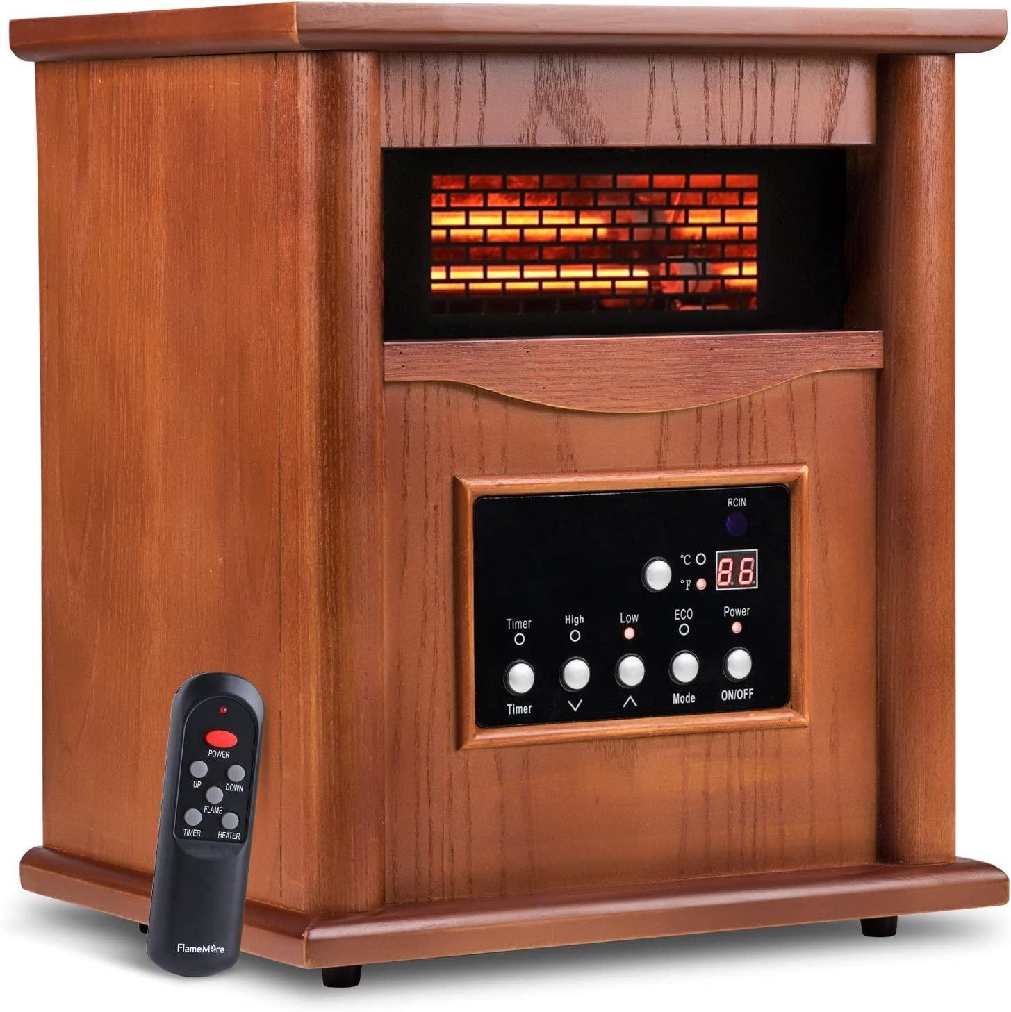 Electric Infrared Quartz Heater Deluxe Wood Cabinet with LED Digital Screen, Remote Control and Timer, Tip-Over & Overheat Protection, Quiet Space Heater for Indoor Use