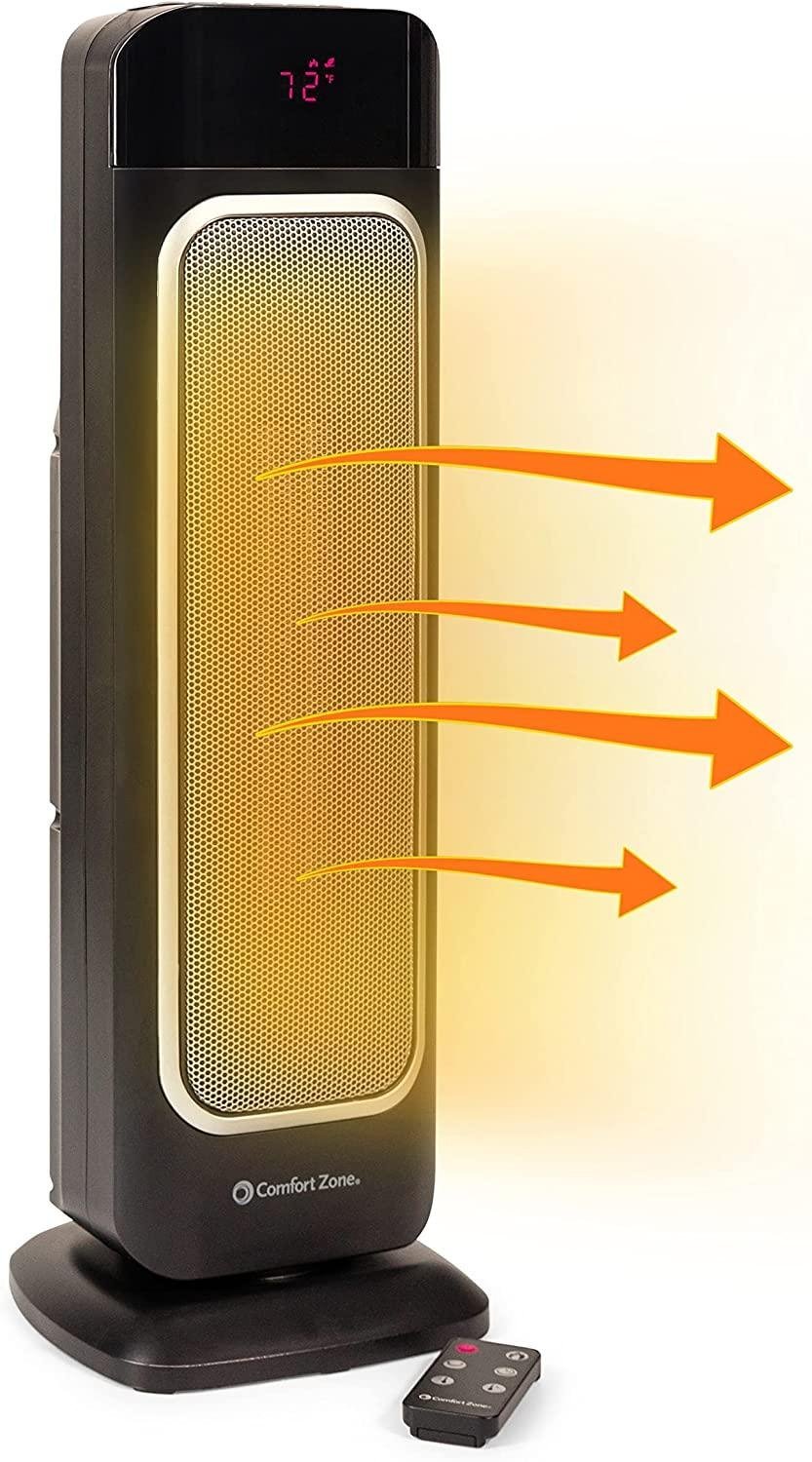 Comfort Zone CZ523RBK Portable 23 Inch Tall Widespread Adjustable Oscillating Digital Tower Personal Space Heater with Remote Control, Black