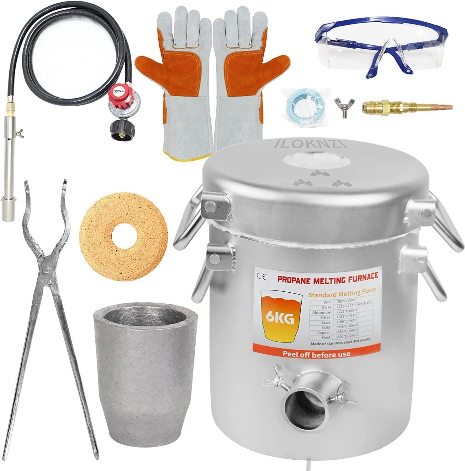 BM  Propane Melting Furnace Kits, 6kg(13LB) Graphite Crucible, Up to 2372℉, Made of Stainless Steel Barrel, Smelt Metal,with Goggles and High Temperature Gloves