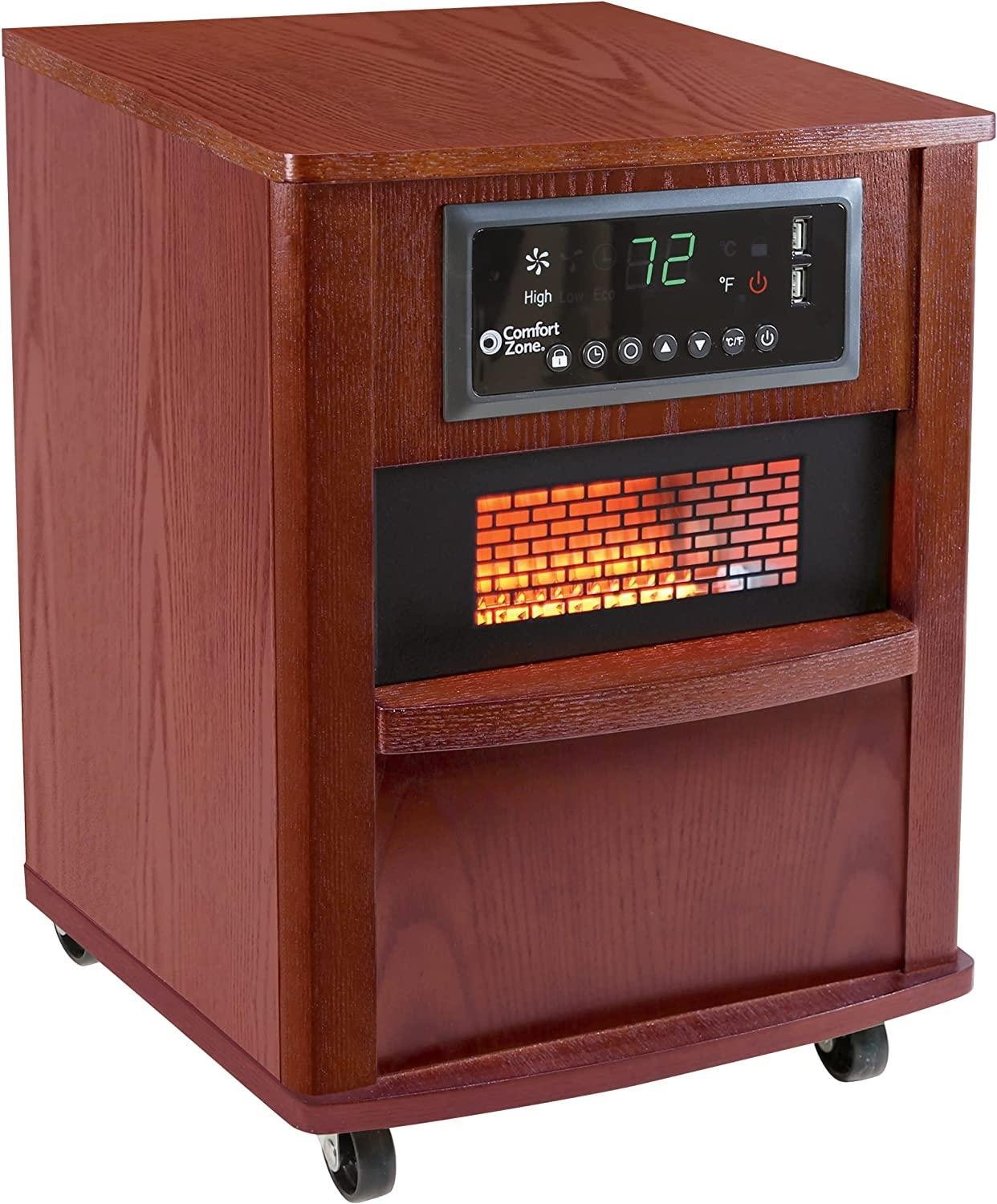 Comfort Zone 20" 1500-watt Premium Infrared Quartz Heater w/Built-In USB Charging Ports & Remote Control, On/Off Timer, Safety Tip-Over switch & Overheat Protection System, Cherry