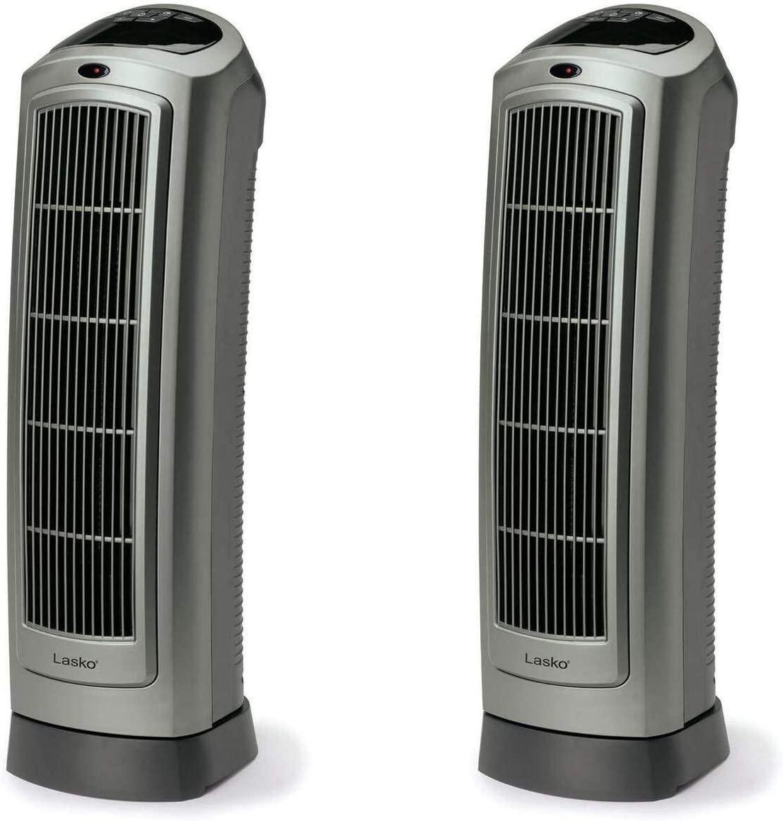 Lasko 1500W Portable Oscillating Ceramic Heater Tower w/Digital Display, 2 Pack