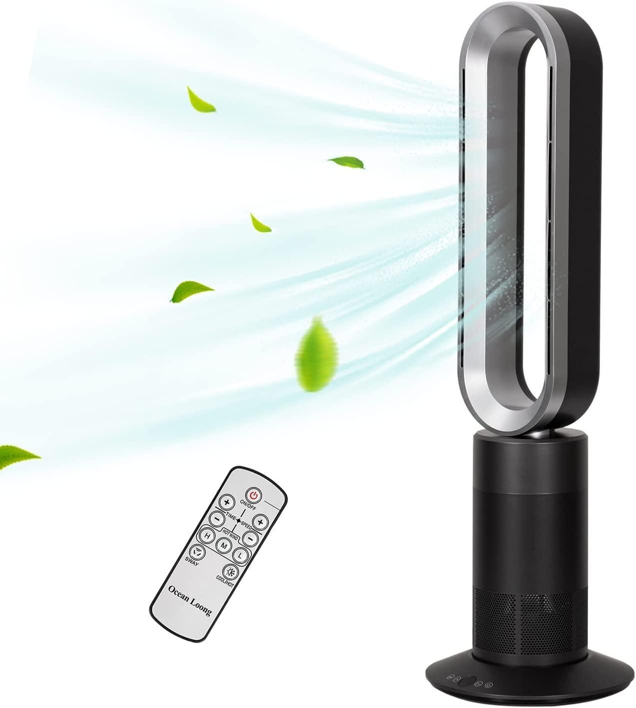 1950W Ceramic Heater Fan, 33.5 inch Electric Heater,10 Speeds & 9 Hours Timer, 120 ° Oscillating Bladeless Fan, Tip-Over & Overheat Protection，with Remote Control, Air Circulator Fan for Room (Grey and Silver)…